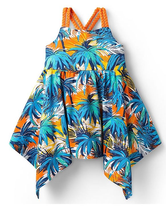 Babyhug Cotton Knit Sleeveless Frock with Coconut Tree Print - Blue