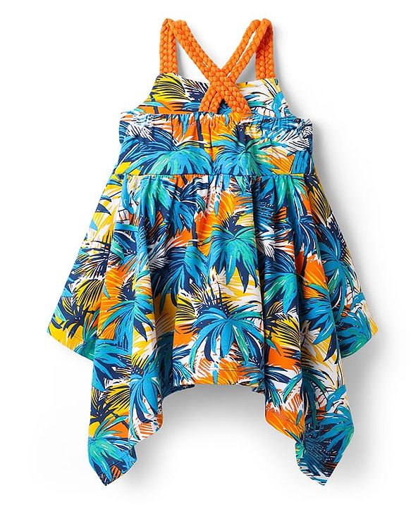 Babyhug Cotton Knit Sleeveless Frock with Coconut Tree Print - Blue