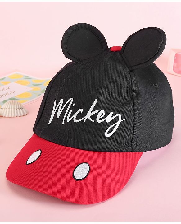 Babyhug Disney 100% Cotton Summer Cap With With Mickey Mouse Graphics And 3D Ear Red & Black - Diameter 53.5 cm
