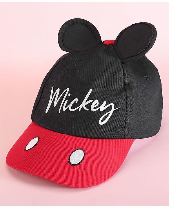Babyhug Disney 100% Cotton Summer Cap With With Mickey Mouse Graphics And 3D Ear Red & Black - Diameter 53.5 cm