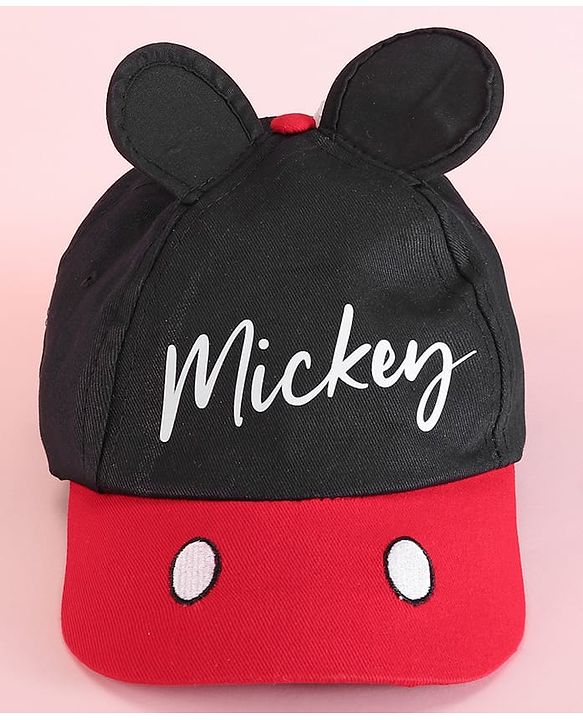 Babyhug Disney 100% Cotton Summer Cap With With Mickey Mouse Graphics And 3D Ear Red & Black - Diameter 53.5 cm