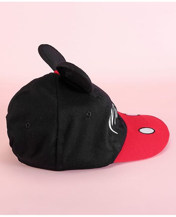 Babyhug Disney 100% Cotton Summer Cap With With Mickey Mouse Graphics And 3D Ear Red & Black - Diameter 53.5 cm