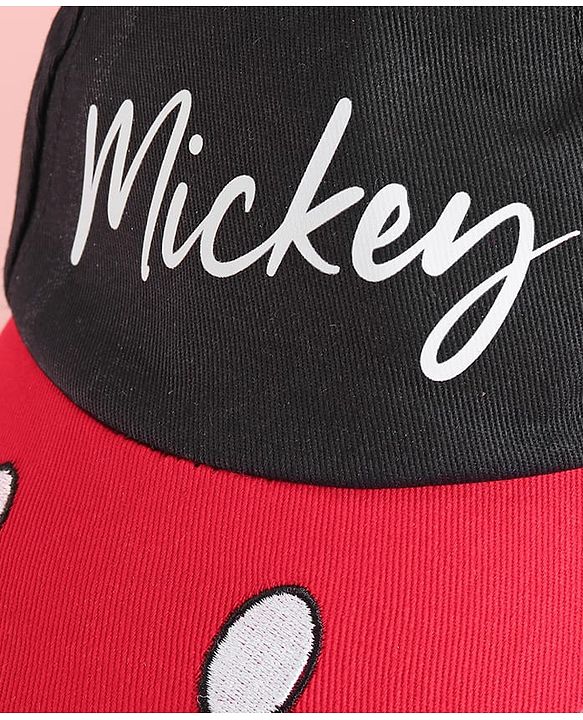 Babyhug Disney 100% Cotton Summer Cap With With Mickey Mouse Graphics And 3D Ear Red & Black - Diameter 53.5 cm