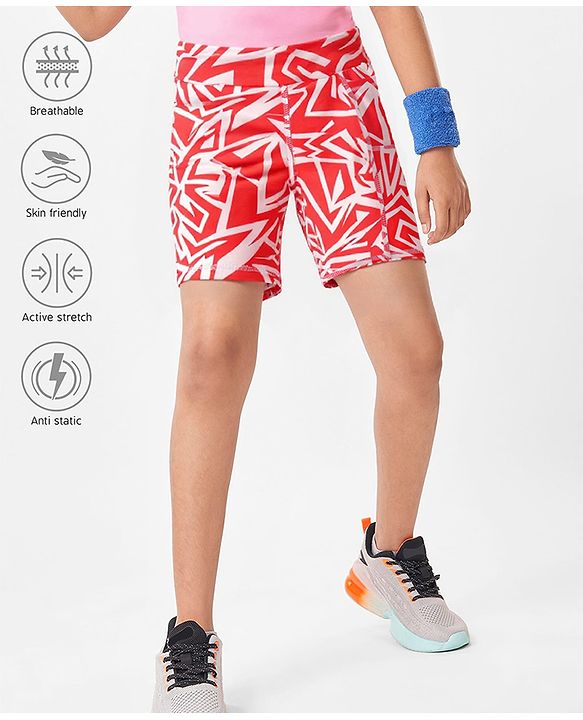 Pine Active Super Stretch Knee Length Cycling Shorts With Abstract Print - Red