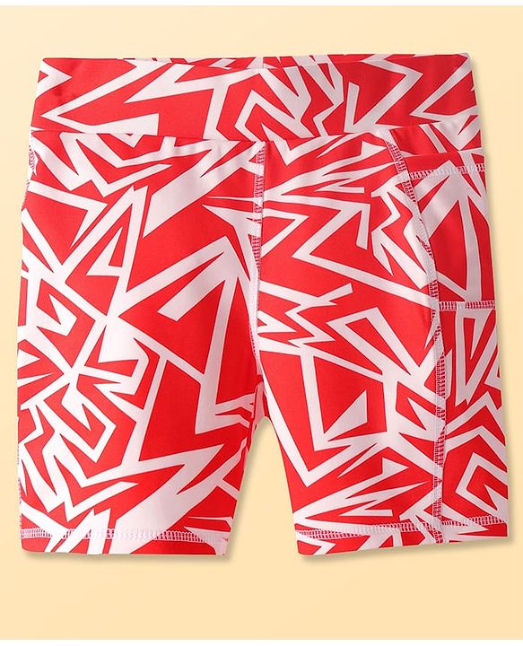 Pine Active Super Stretch Knee Length Cycling Shorts With Abstract Print - Red