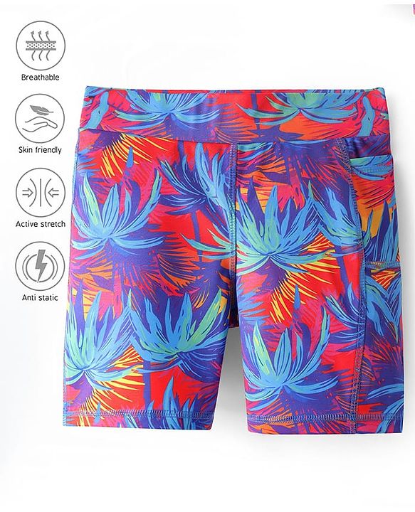 Pine Active Super Stretch Knee Length Cycling Shorts With Tropical Print - Blue