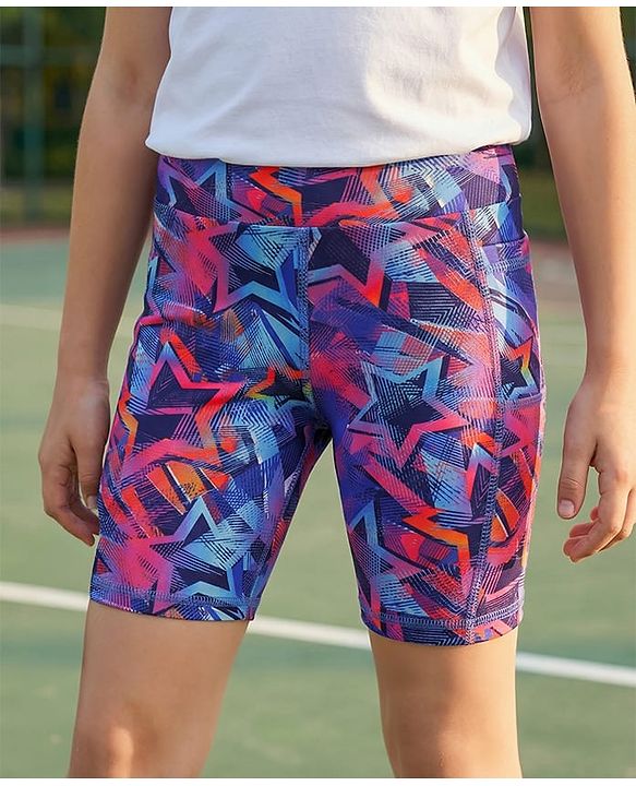 Pine Active Super Stretch Knee Length Cycling Shorts With Star Print - Pink & Blue