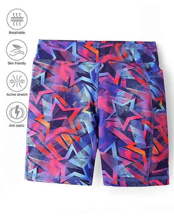 Pine Active Super Stretch Knee Length Cycling Shorts With Star Print - Pink & Blue