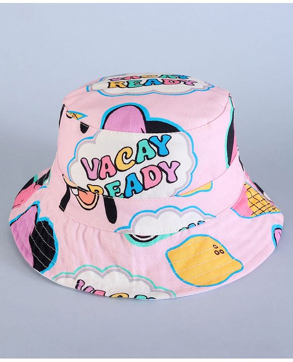 Babyhug Disney Cotton Woven Summer Cap With Minnie Mouse Family Print Pink - Diameter 18 cm