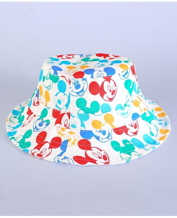 Babyhug Disney Cotton Woven Summer Cap With Mickey Mouse Family Print White - Diameter 16 cm