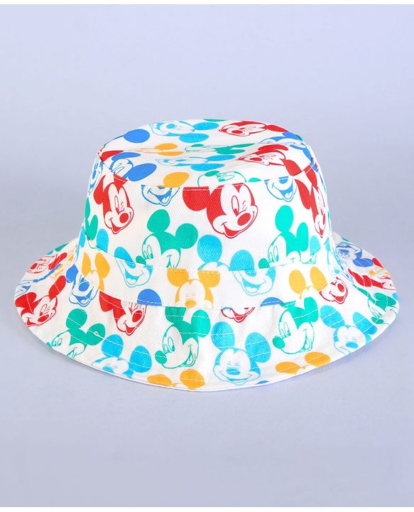 Babyhug Disney Cotton Woven Summer Cap With Mickey Mouse Family Print White - Diameter 16 cm