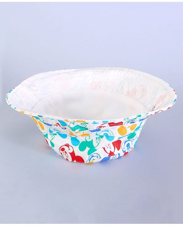 Babyhug Disney Cotton Woven Summer Cap With Mickey Mouse Family Print White - Diameter 16 cm