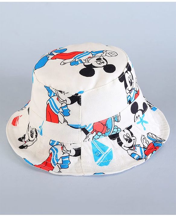 Babyhug Disney Cotton Woven Summer Cap With Mickey Mouse Family Print White - Diameter 16 cm