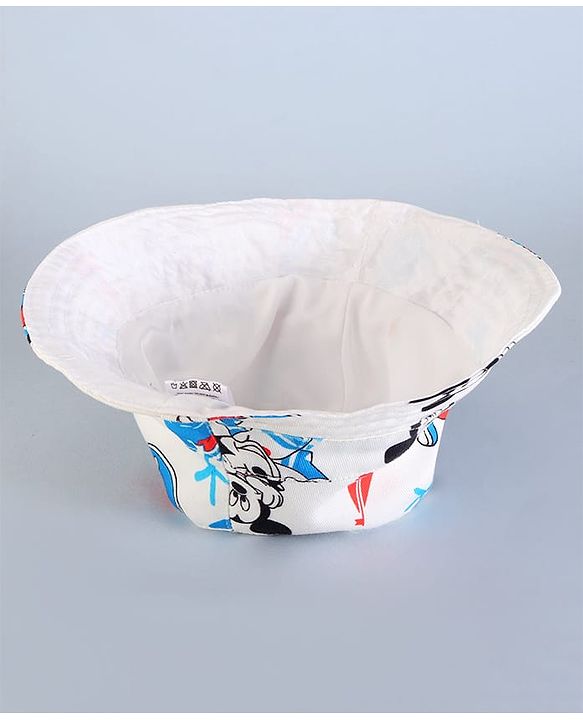 Babyhug Disney Cotton Woven Summer Cap With Mickey Mouse Family Print White - Diameter 16 cm