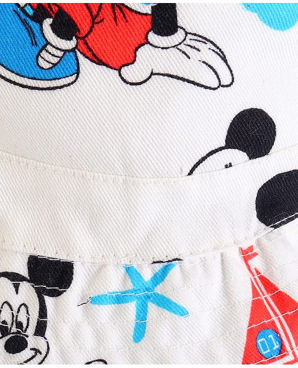 Babyhug Disney Cotton Woven Summer Cap With Mickey Mouse Family Print White - Diameter 16 cm