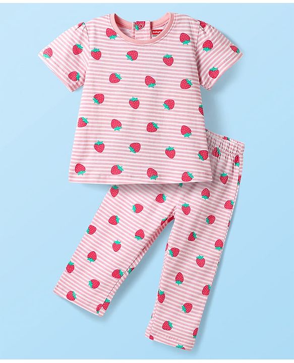 Babyhug Cotton Knit Half Sleeves Striped Co-ords Night Suit with Strawberry Print - Pink
