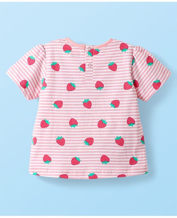Babyhug Cotton Knit Half Sleeves Striped Co-ords Night Suit with Strawberry Print - Pink