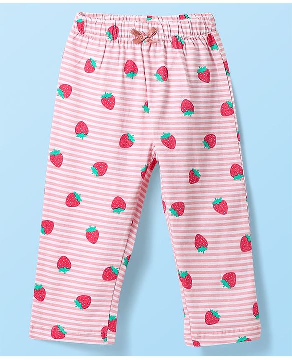 Babyhug Cotton Knit Half Sleeves Striped Co-ords Night Suit with Strawberry Print - Pink