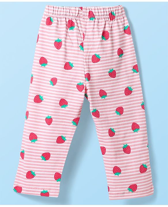 Babyhug Cotton Knit Half Sleeves Striped Co-ords Night Suit with Strawberry Print - Pink