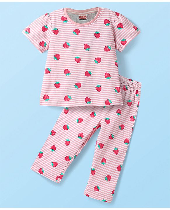 Babyhug Cotton Knit Half Sleeves Striped Co-ords Night Suit with Strawberry Print - Pink
