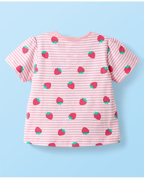 Babyhug Cotton Knit Half Sleeves Striped Co-ords Night Suit with Strawberry Print - Pink