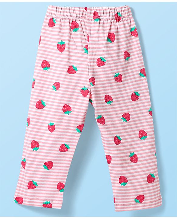 Babyhug Cotton Knit Half Sleeves Striped Co-ords Night Suit with Strawberry Print - Pink