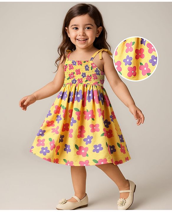 Babyhug Woven Sleeveless Rayon Printed Frock with Headband & Smocking Detailing - Yellow