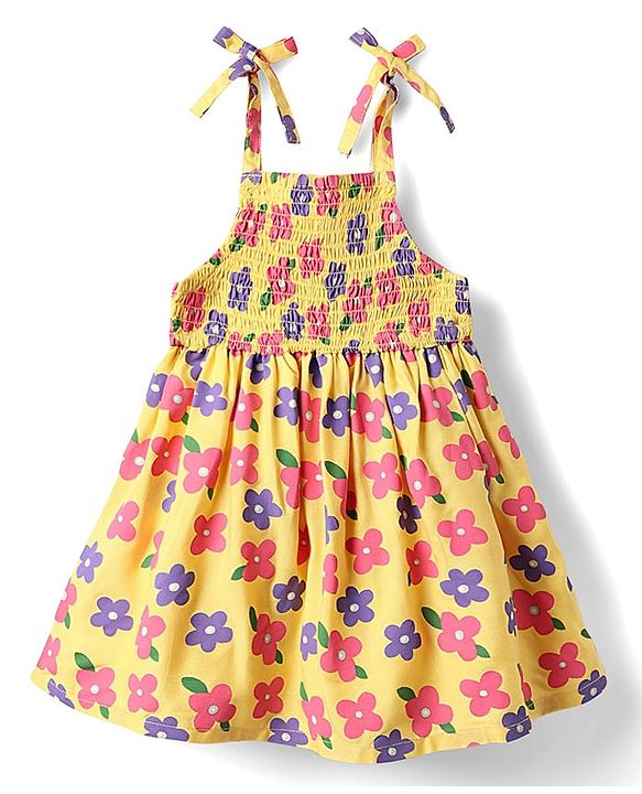 Babyhug Woven Sleeveless Rayon Printed Frock with Headband & Smocking Detailing - Yellow