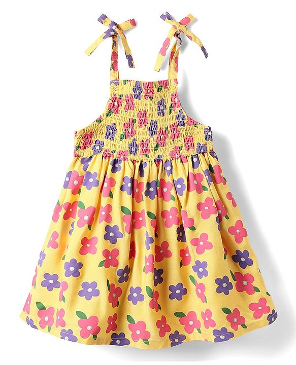 Babyhug Woven Sleeveless Rayon Printed Frock with Headband & Smocking Detailing - Yellow