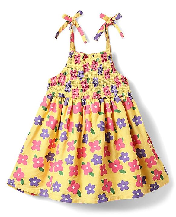 Babyhug Woven Sleeveless Rayon Printed Frock with Headband & Smocking Detailing - Yellow