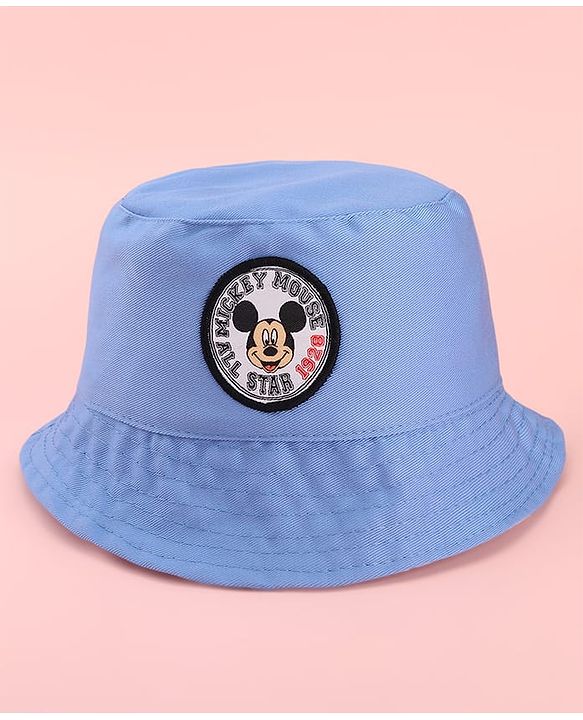 Babyhug Disney Cotton Woven Summer Cap with Mickey Mouse Patch Detailing Light Blue - Diameter 24 cm