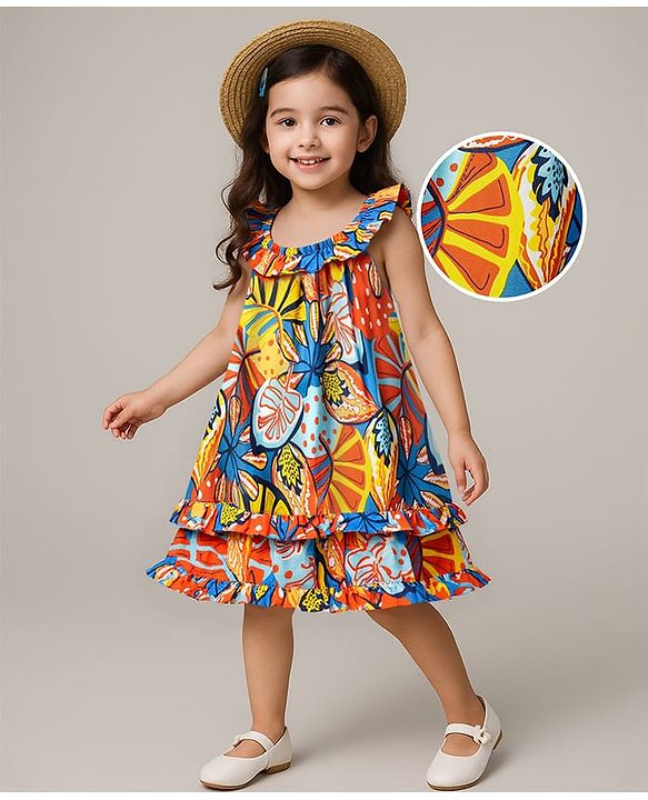 Babyhug Woven Frill Sleeves Rayon Printed Frock with Frill Detailing - Blue