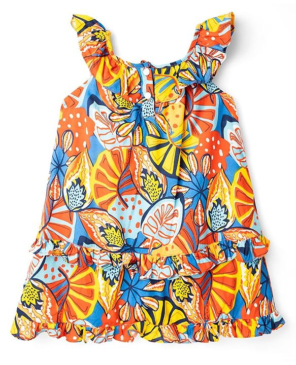 Babyhug Woven Frill Sleeves Rayon Printed Frock with Frill Detailing - Blue