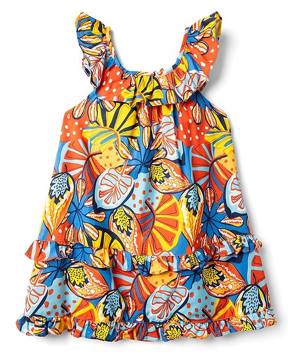 Babyhug Woven Frill Sleeves Rayon Printed Frock with Frill Detailing - Blue