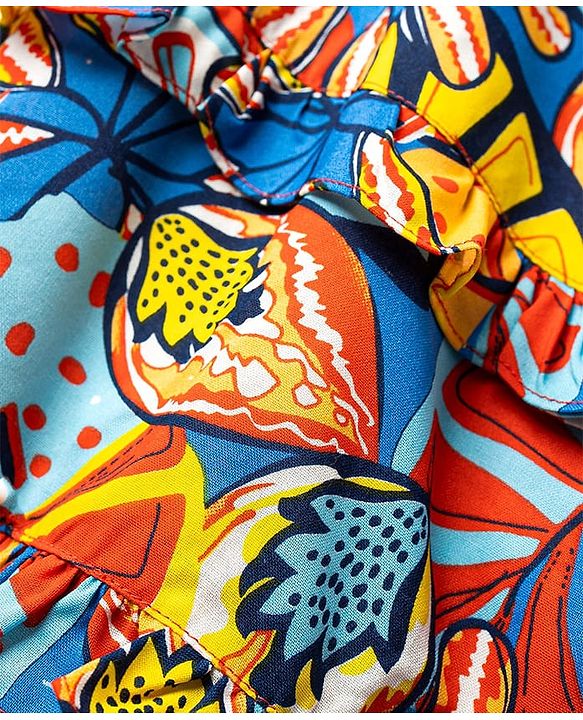 Babyhug Woven Frill Sleeves Rayon Printed Frock with Frill Detailing - Blue