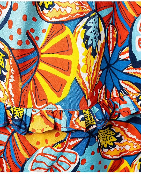 Babyhug Woven Frill Sleeves Rayon Printed Frock with Frill Detailing - Blue