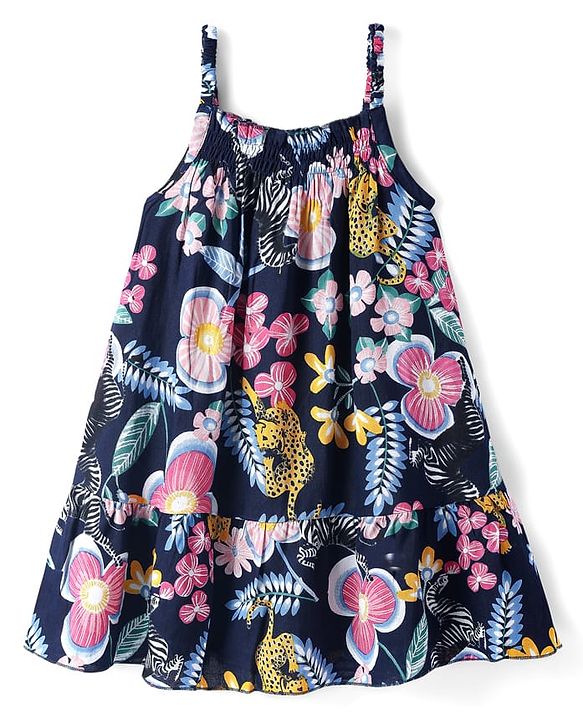 Babyhug Rayon Woven Sleeveless Frock with Jungle Theme Print - Navy Blue