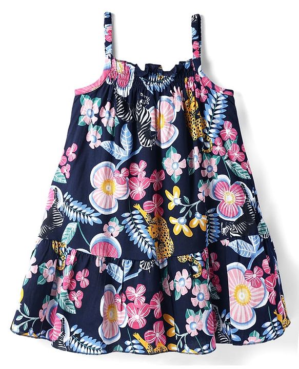 Babyhug Rayon Woven Sleeveless Frock with Jungle Theme Print - Navy Blue
