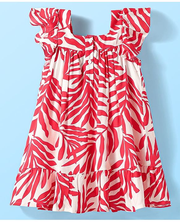 Babyhug Rayon Woven Half Sleeves Frock with Leaves Print & Bow Applique - Red