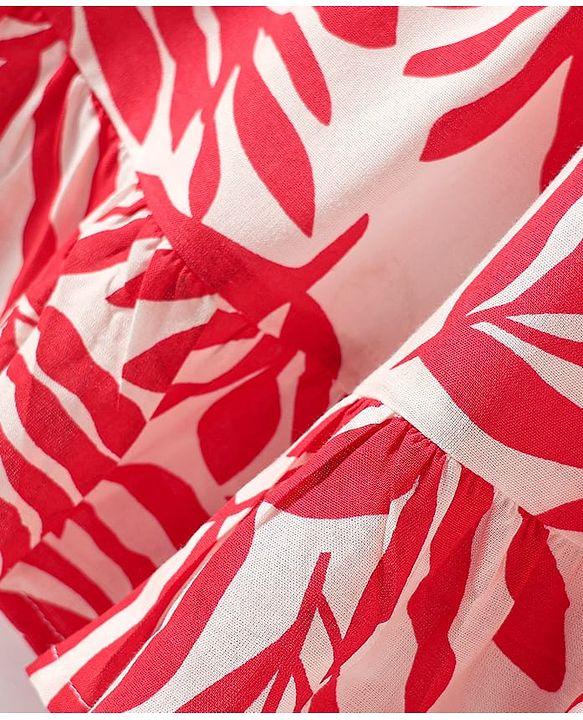 Babyhug Rayon Woven Half Sleeves Frock with Leaves Print & Bow Applique - Red