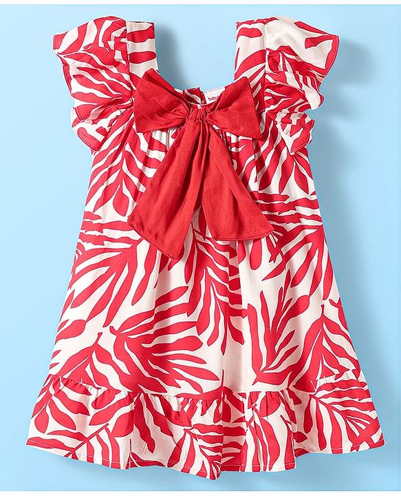 Babyhug Rayon Woven Half Sleeves Frock with Leaves Print & Bow Applique - Red