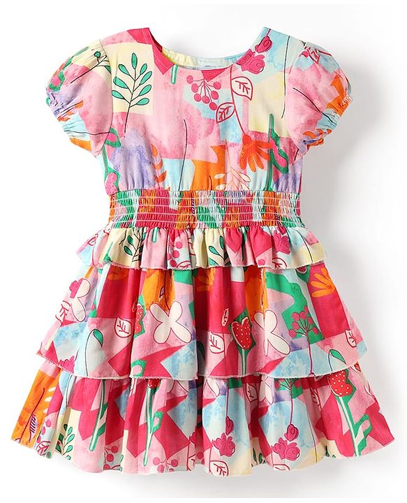 Babyhug Woven Half Sleeves Frock With Floral Print Smock Detail - Pink