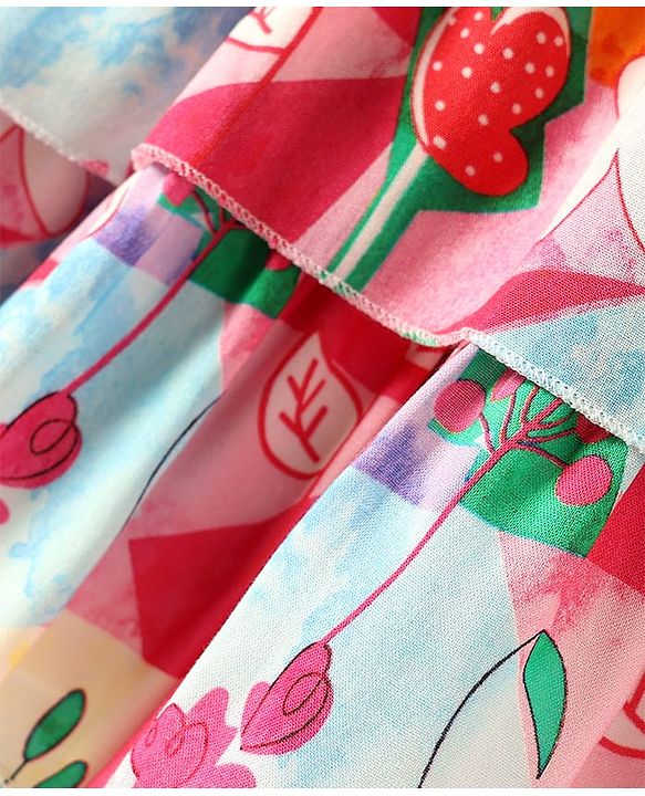 Babyhug Woven Half Sleeves Frock With Floral Print Smock Detail - Pink