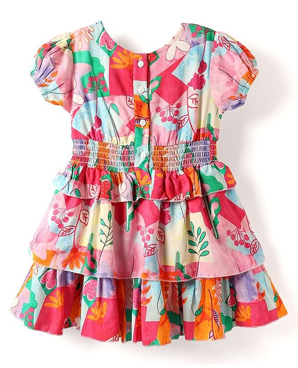 Babyhug Woven Half Sleeves Frock With Floral Print Smock Detail - Pink
