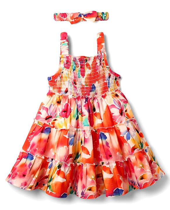 Babyhug Woven Sleeveless Frock & Headband with Smock Detailing & Floral Print - Orange