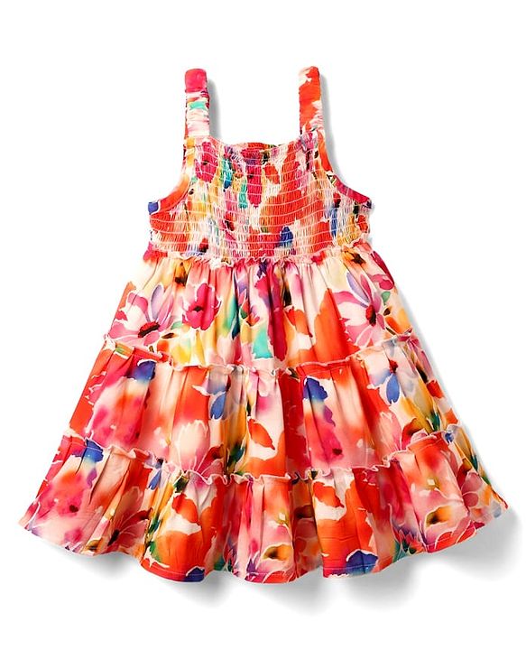 Babyhug Woven Sleeveless Frock & Headband with Smock Detailing & Floral Print - Orange