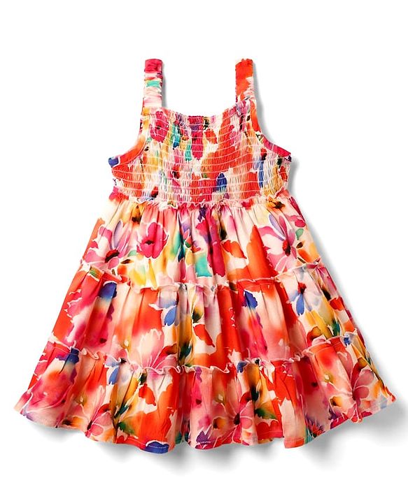 Babyhug Woven Sleeveless Frock & Headband with Smock Detailing & Floral Print - Orange