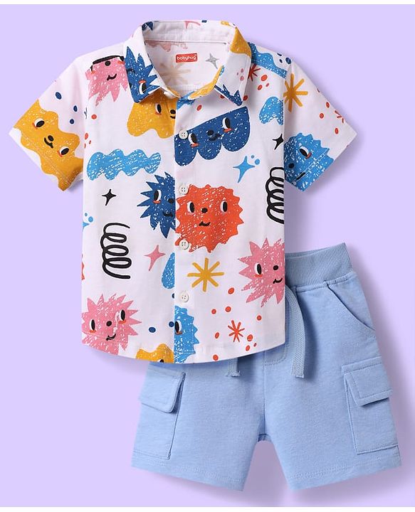 Babyhug Single Jersey Knit Half Sleeves Smiley Printed Shirt & Shorts Set - Light Blue & White