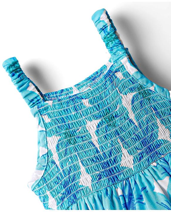 Babyhug Woven Sleeveless Frock With Smock Detailing & Floral Print - Light Blue