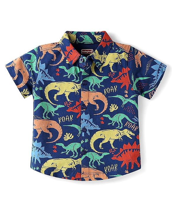 Babyhug Single Jersey Knit Half Sleeves Dino Printed Shirt & Shorts Set - Navy Blue & Beige